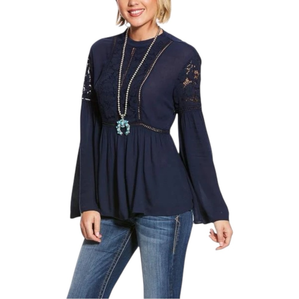 NWT Ariat Nita Top Sz XL Navy Blue Peplum Long Sleeve Open Back Bell Sleeve Boho